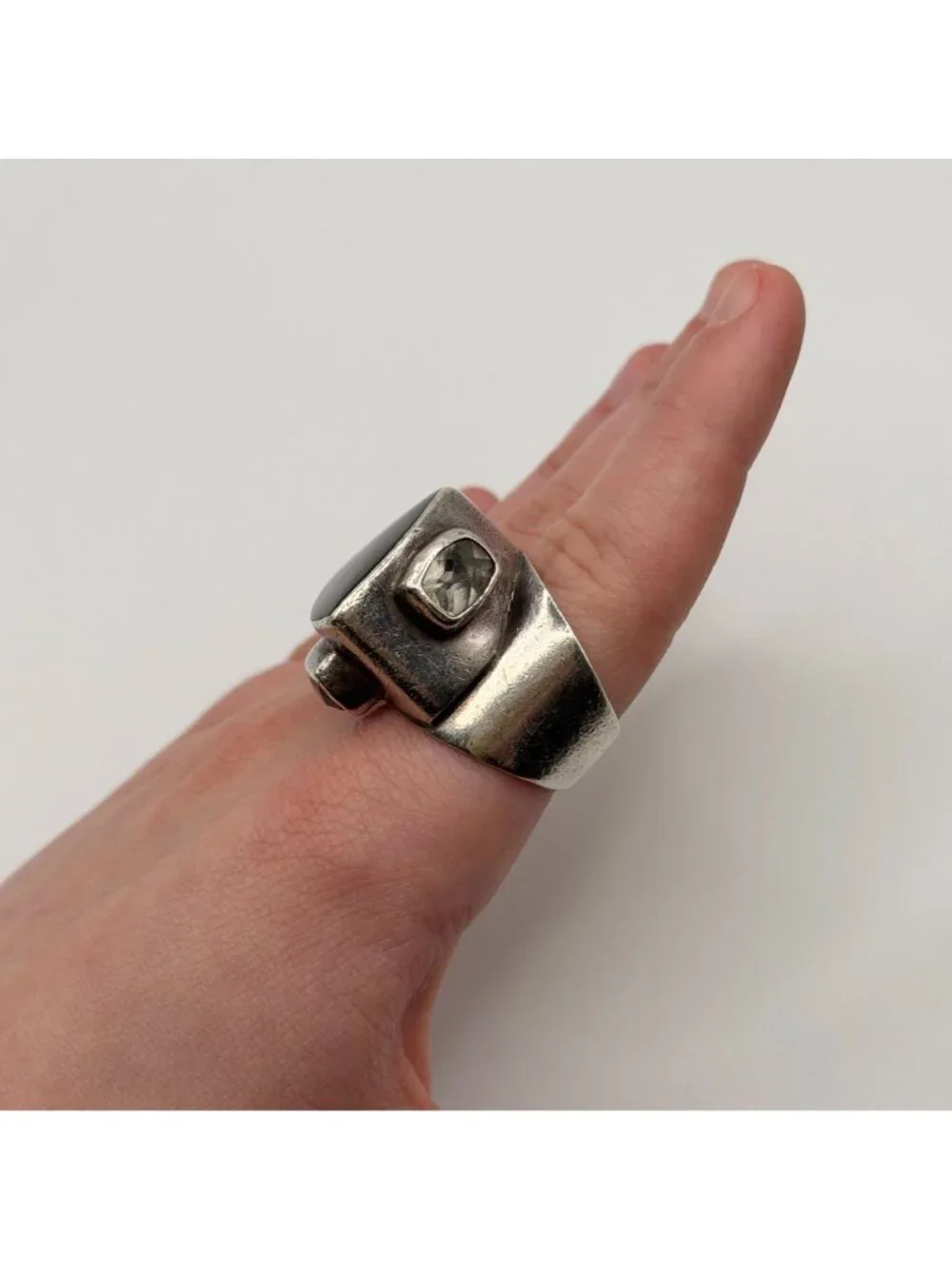 Sterling Silver 925 Ring With Black Onyx & Clear Crystals Size 8.5